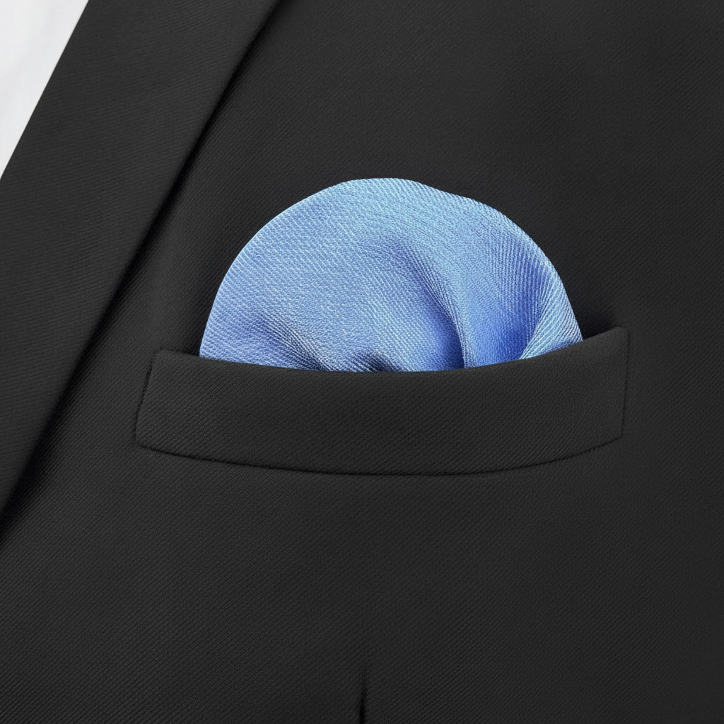 Pañuelo de Bolsillo Azul Claro, llevado en el bolsillo de una chaqueta elegante con acabado cuidado