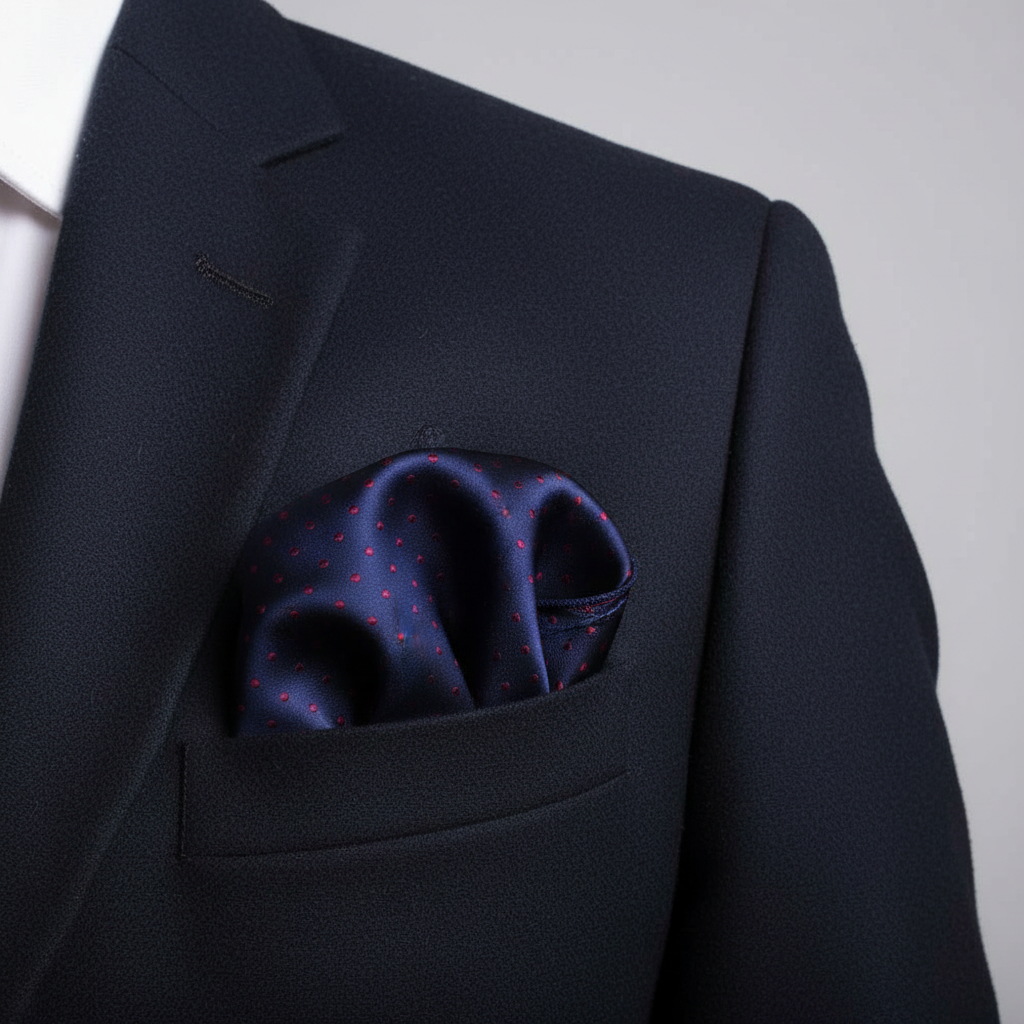 Pañuelo de Bolsillo Azul Marino, llevado en el bolsillo de una chaqueta elegante