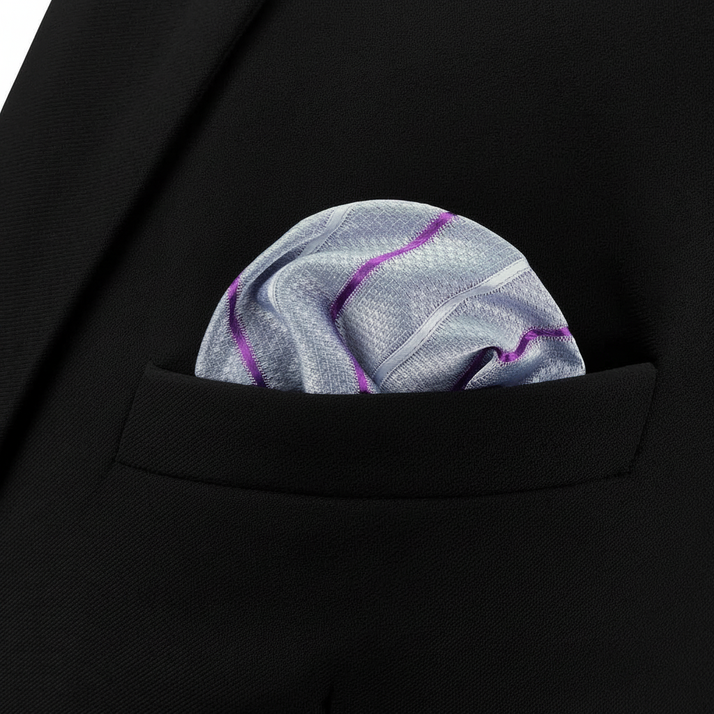 Pañuelo de Bolsillo Blanco, llevado en el bolsillo de una chaqueta elegante con acabado cuidado