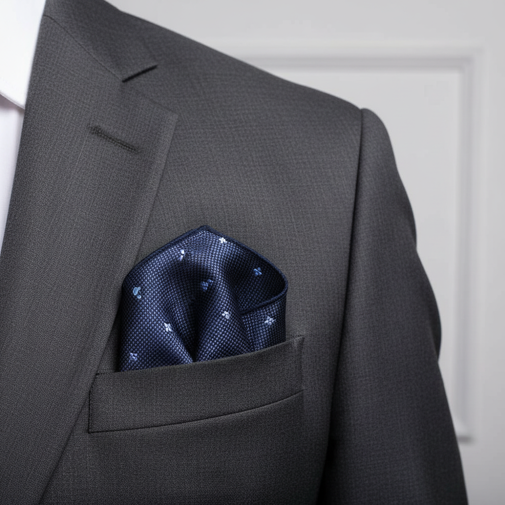 Pañuelo de Bolsillo con Cruces Azul, llevado en el bolsillo de una chaqueta elegante