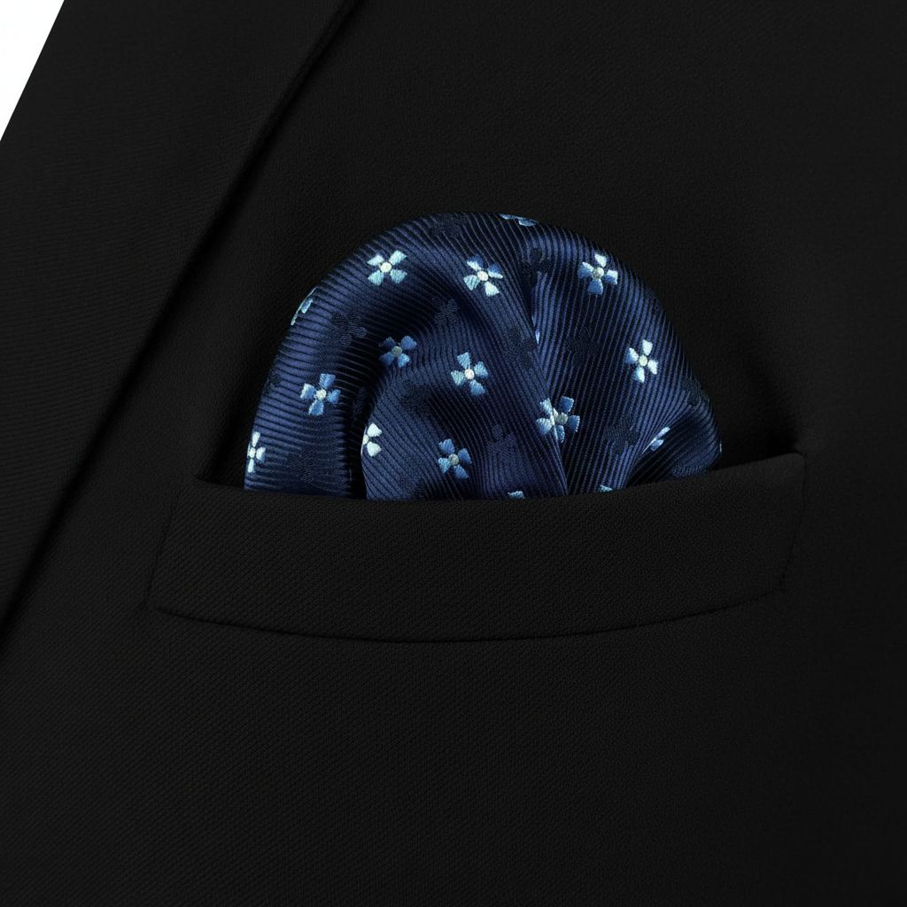 Pañuelo de Bolsillo con Cruces Azul, llevado en el bolsillo de una chaqueta elegante
