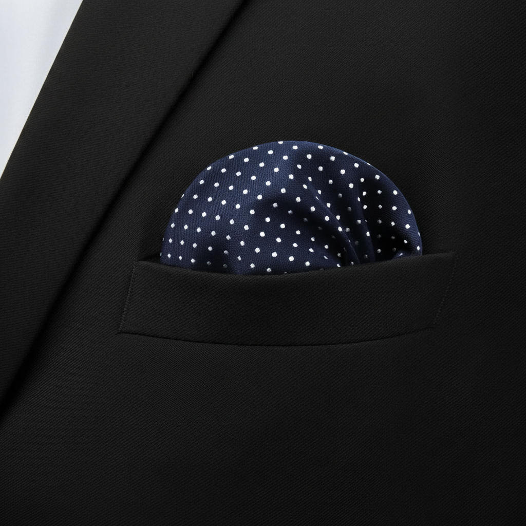 Pañuelo de Bolsillo con Puntos Azul, llevado en el bolsillo de una chaqueta elegante