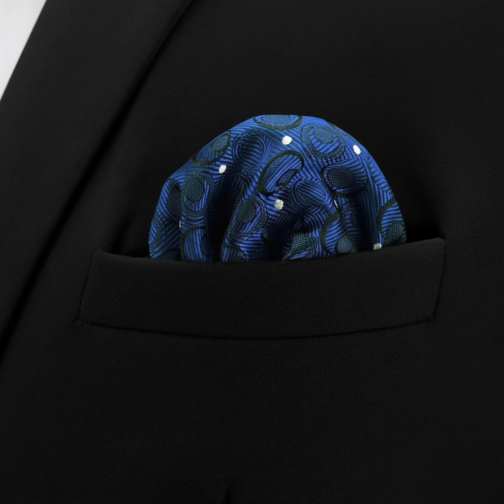 Pañuelo de Bolsillo con Puntos Azul, llevado en el bolsillo de una chaqueta elegante