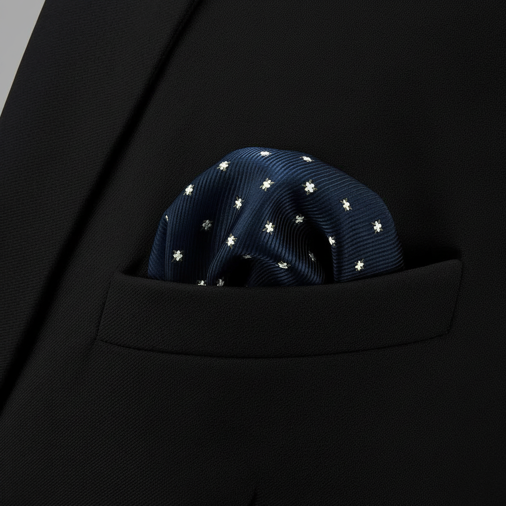 Pañuelo de Bolsillo con Puntos Azul, llevado en el bolsillo de una chaqueta elegante
