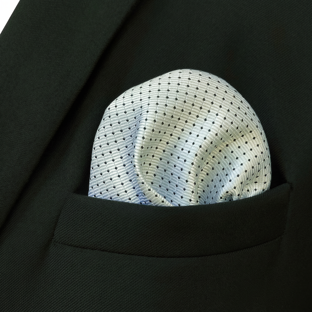 Pañuelo de Bolsillo con Puntos Blanco, llevado en el bolsillo de una chaqueta elegante