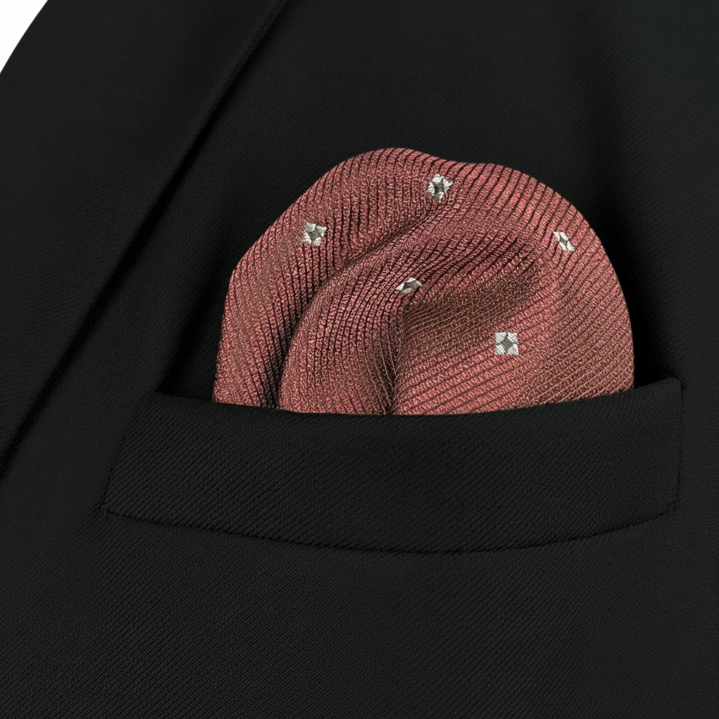 Pañuelo de Bolsillo con Puntos Marrón, llevado en el bolsillo de una chaqueta elegante