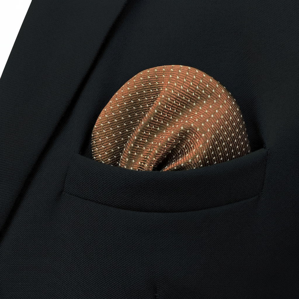 Pañuelo de Bolsillo con Puntos Marrón, llevado en el bolsillo de una chaqueta elegante