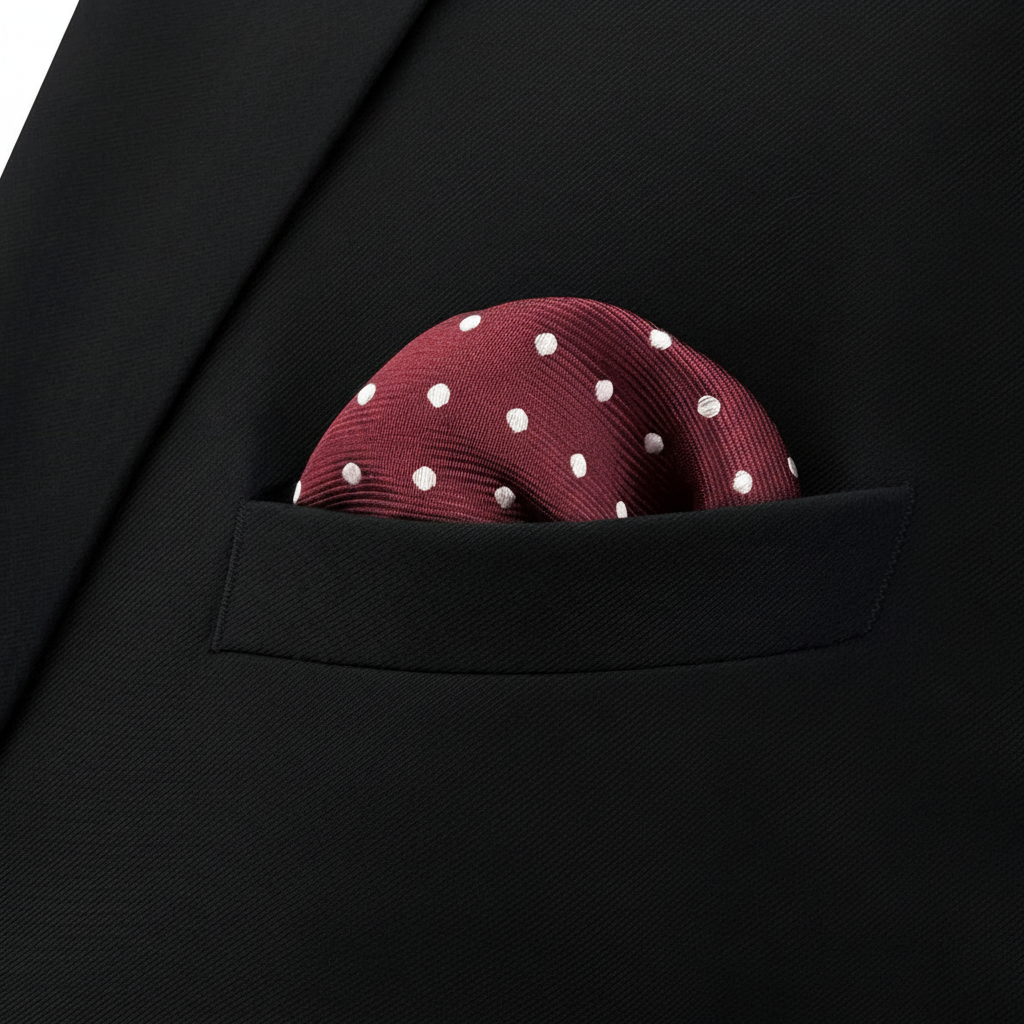 Pañuelo de Bolsillo con Puntos Rojo, llevado en el bolsillo de una chaqueta elegante