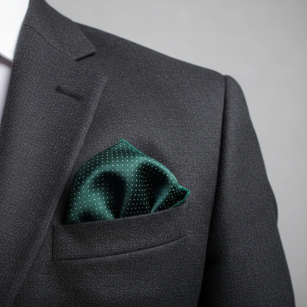 Pañuelo de Bolsillo con Puntos Verde, llevado en el bolsillo de una chaqueta elegante