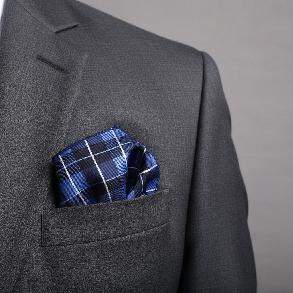 Pañuelo de Bolsillo Cuadros Azul, llevado en el bolsillo de una chaqueta elegante