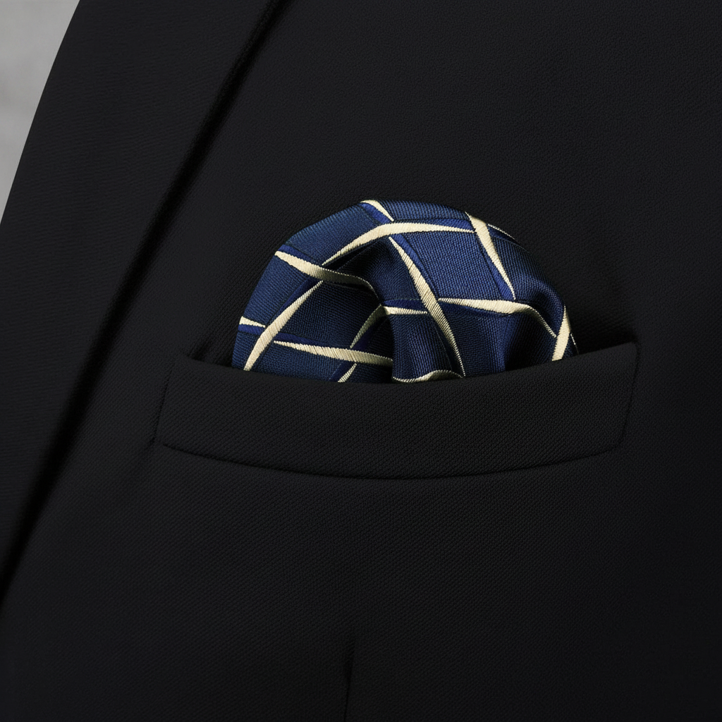 Pañuelo de Bolsillo Cuadros Azul, llevado en el bolsillo de una chaqueta elegante
