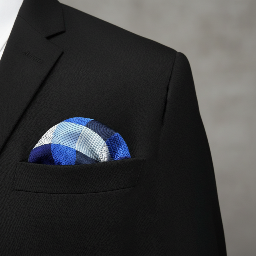 Pañuelo de Bolsillo Cuadros Azul, llevado en el bolsillo de una chaqueta elegante