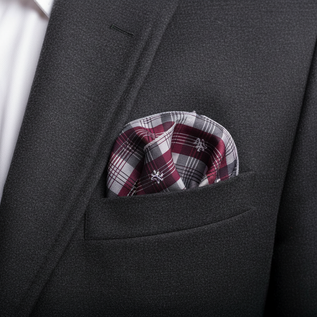 Pañuelo de Bolsillo Cuadros Granate, llevado en el bolsillo de una chaqueta elegante
