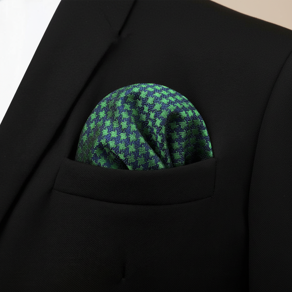 Pañuelo de Bolsillo Cuadros Verde, llevado en el bolsillo de una chaqueta elegante