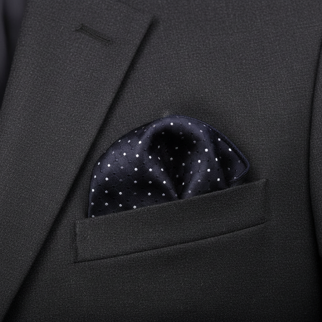Pañuelo de Bolsillo de Lunares Azul Marino, llevado en el bolsillo de una chaqueta elegante