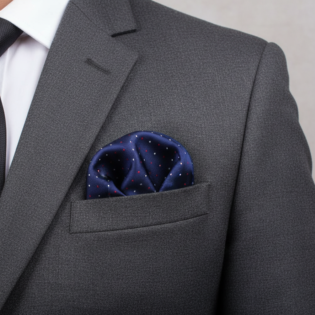 Pañuelo de Bolsillo de Puntos Azul con Rayas, llevado en el bolsillo de una chaqueta elegante