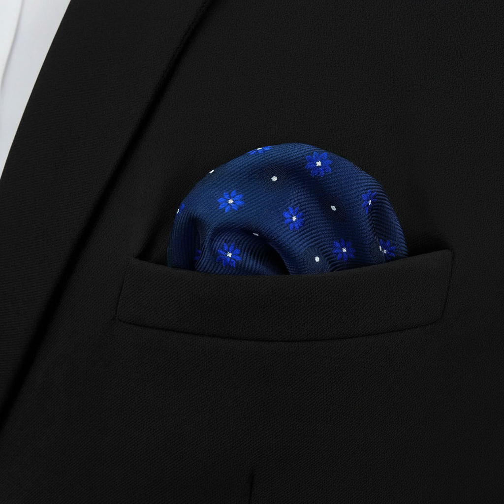 Pañuelo de Bolsillo de Puntos Azul Real, llevado en el bolsillo de una chaqueta elegante
