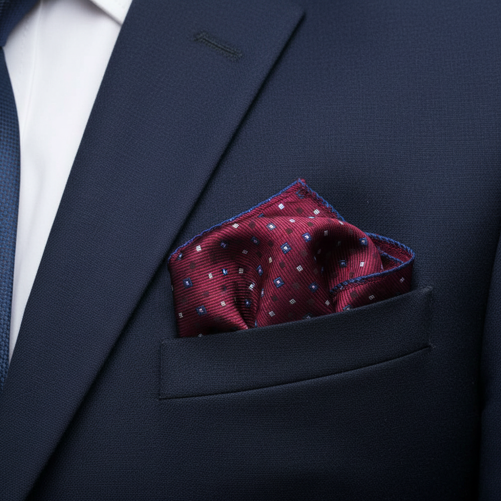 Pañuelo de Bolsillo de Puntos Burdeos y Azul, llevado en el bolsillo de una chaqueta elegante