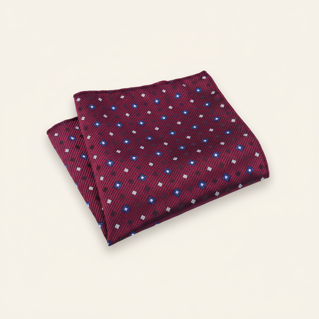 Pañuelo de Bolsillo de Puntos Burdeos y Azul, presentado con luz suave y estilo cuidado
