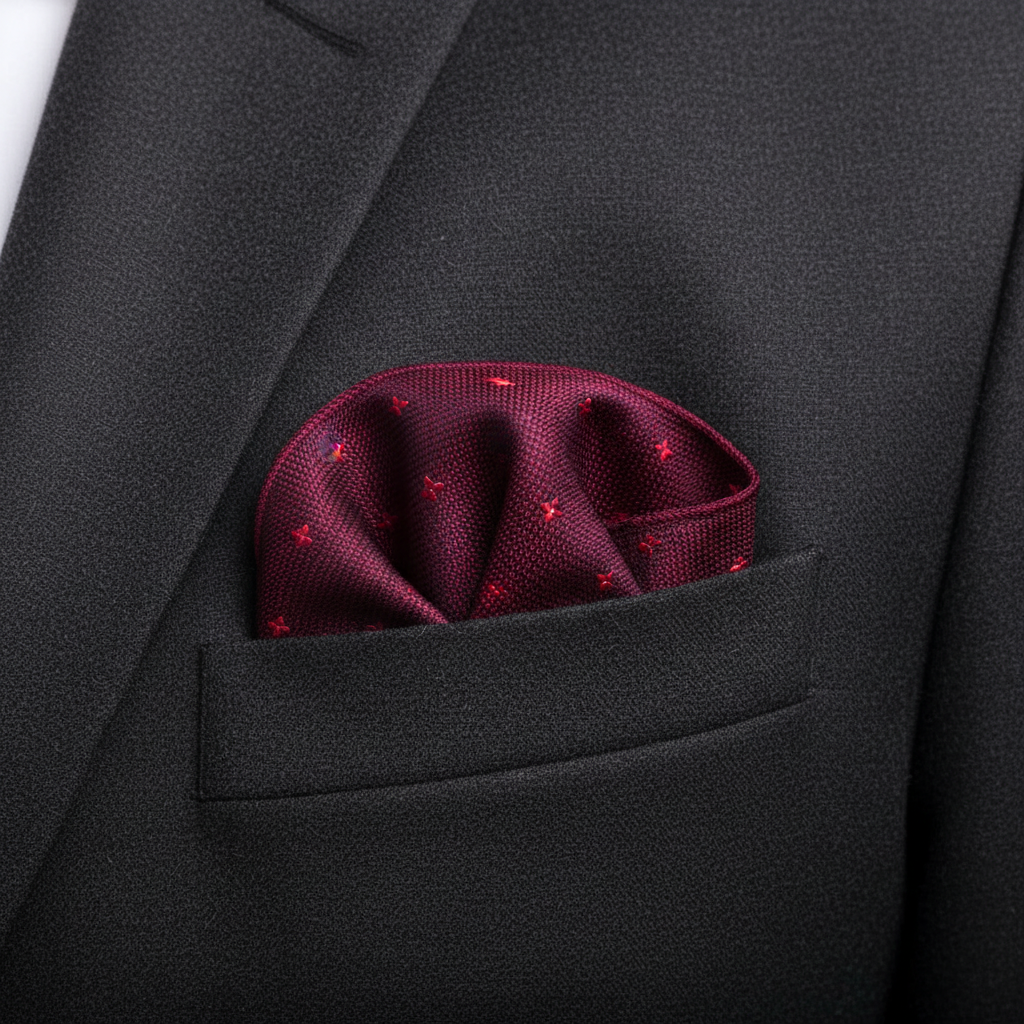 Pañuelo de Bolsillo de Puntos Granate, llevado en el bolsillo de una chaqueta elegante