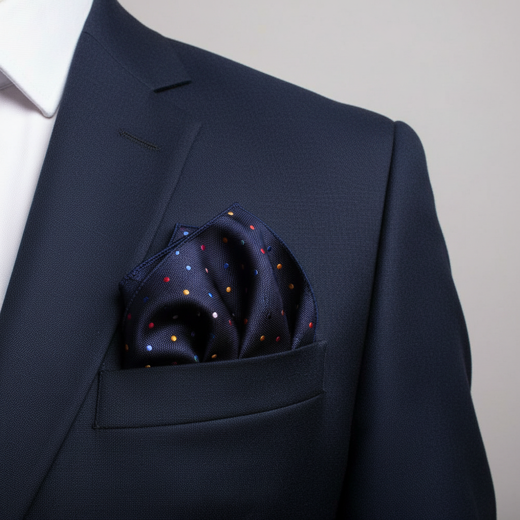 Pañuelo de Bolsillo de Puntos Multicolor, llevado en el bolsillo de una chaqueta elegante