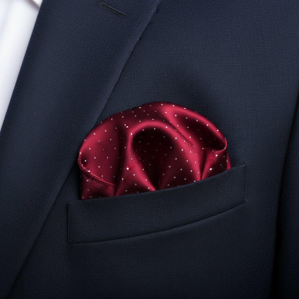 Pañuelo de Bolsillo de Puntos Rojo Rubí, llevado en el bolsillo de una chaqueta elegante