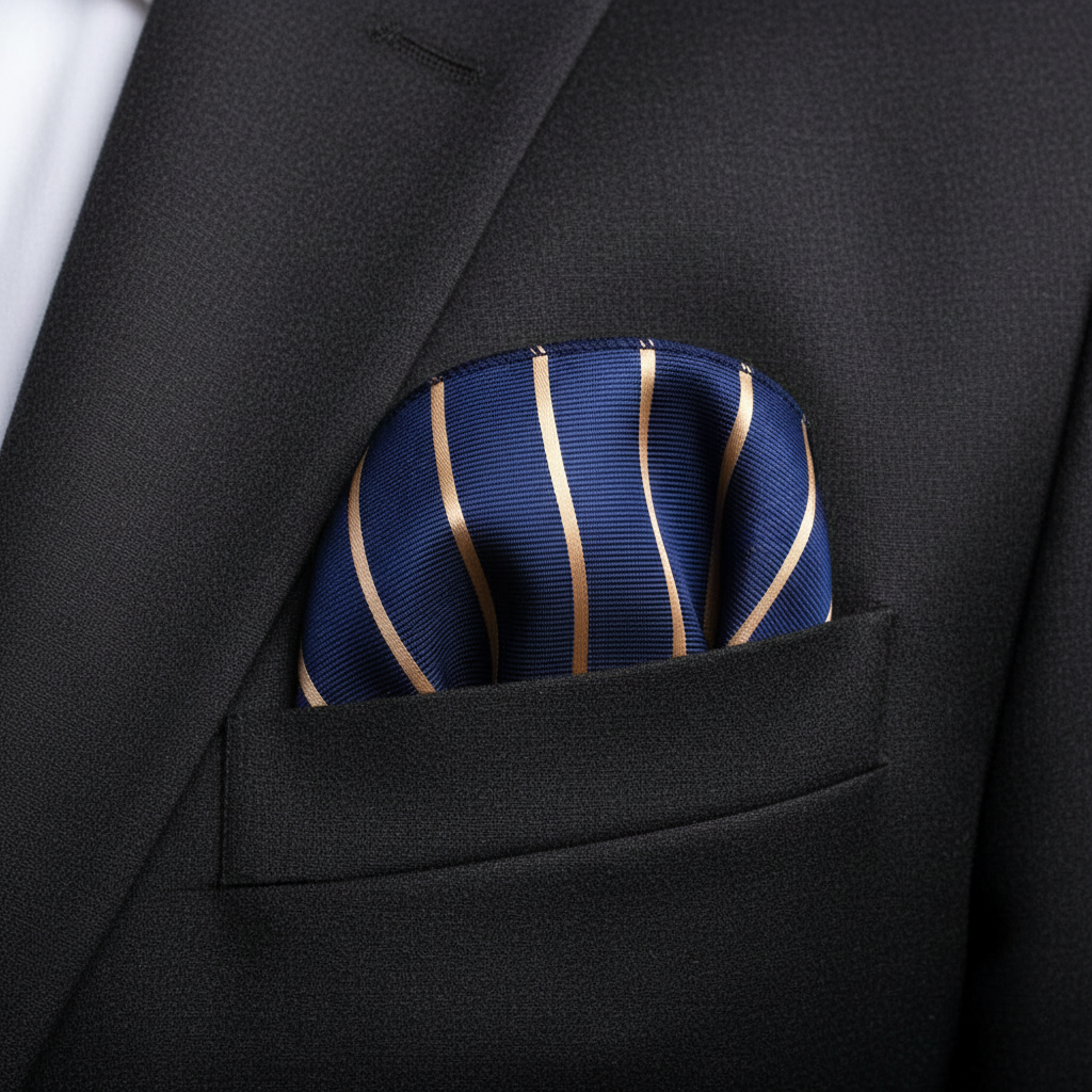 Pañuelo de Bolsillo de Rayas Azul y Dorado, llevado en el bolsillo de una chaqueta elegante