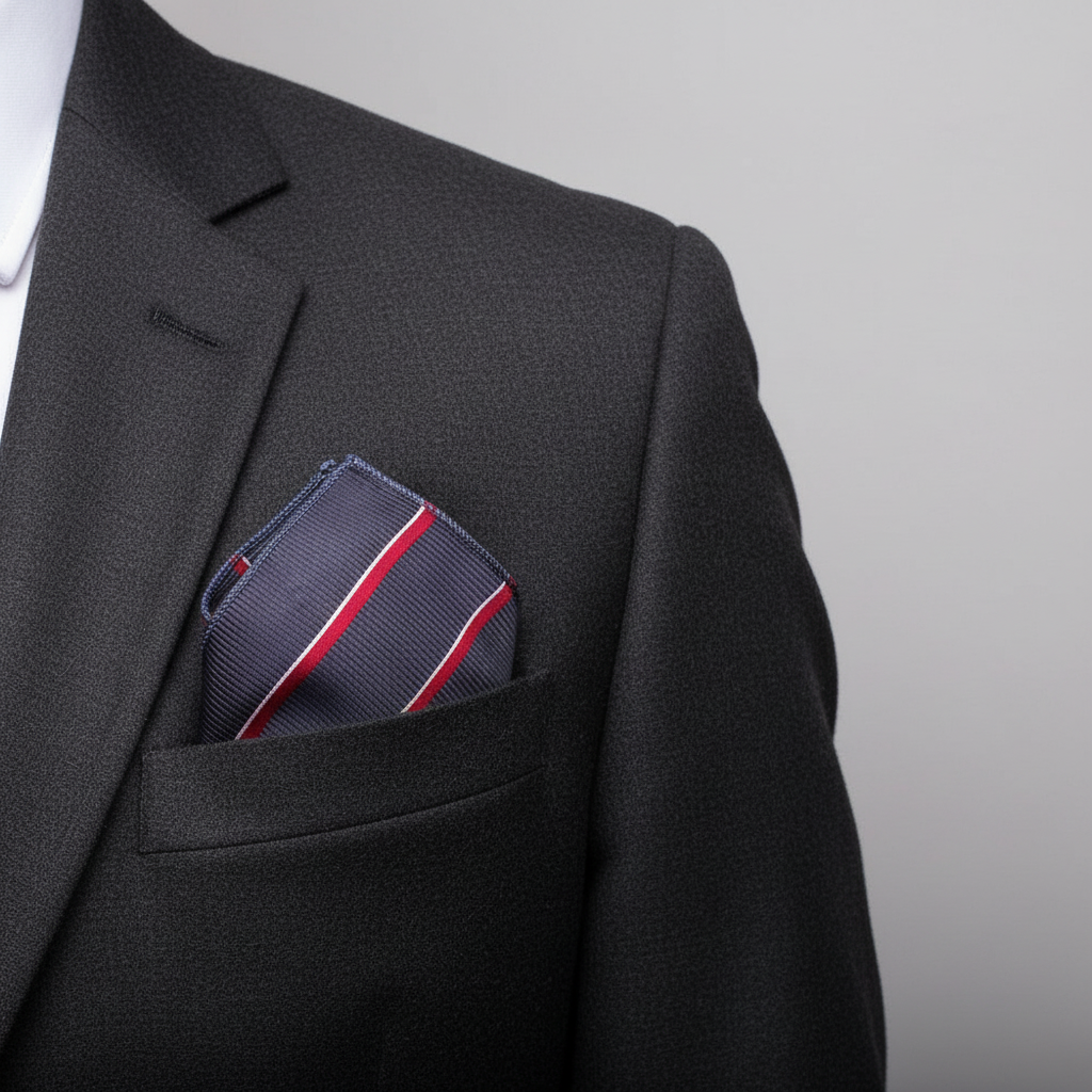 Pañuelo de Bolsillo de Rayas Azul y Rojo, llevado en el bolsillo de una chaqueta elegante