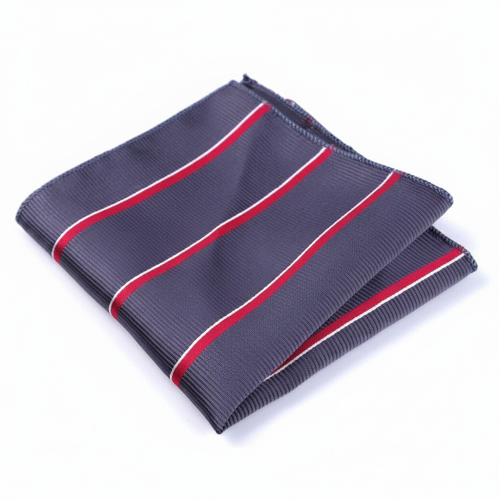 Pañuelo de Bolsillo de Rayas Azul y Rojo, presentado con luz suave y estilo cuidado