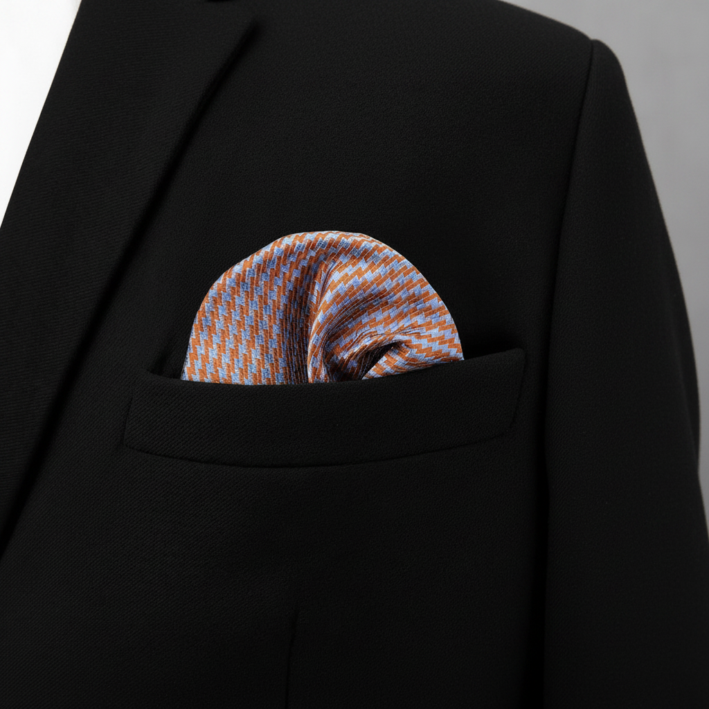 Pañuelo de Bolsillo de Rayas Multicolor, llevado en el bolsillo de una chaqueta elegante