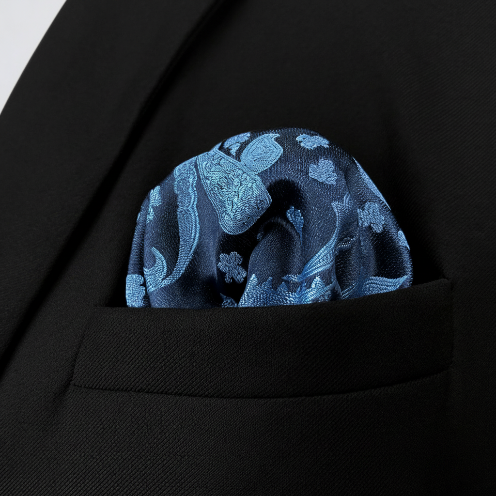 Pañuelo de Bolsillo Floral Azul, llevado en el bolsillo de una chaqueta elegante