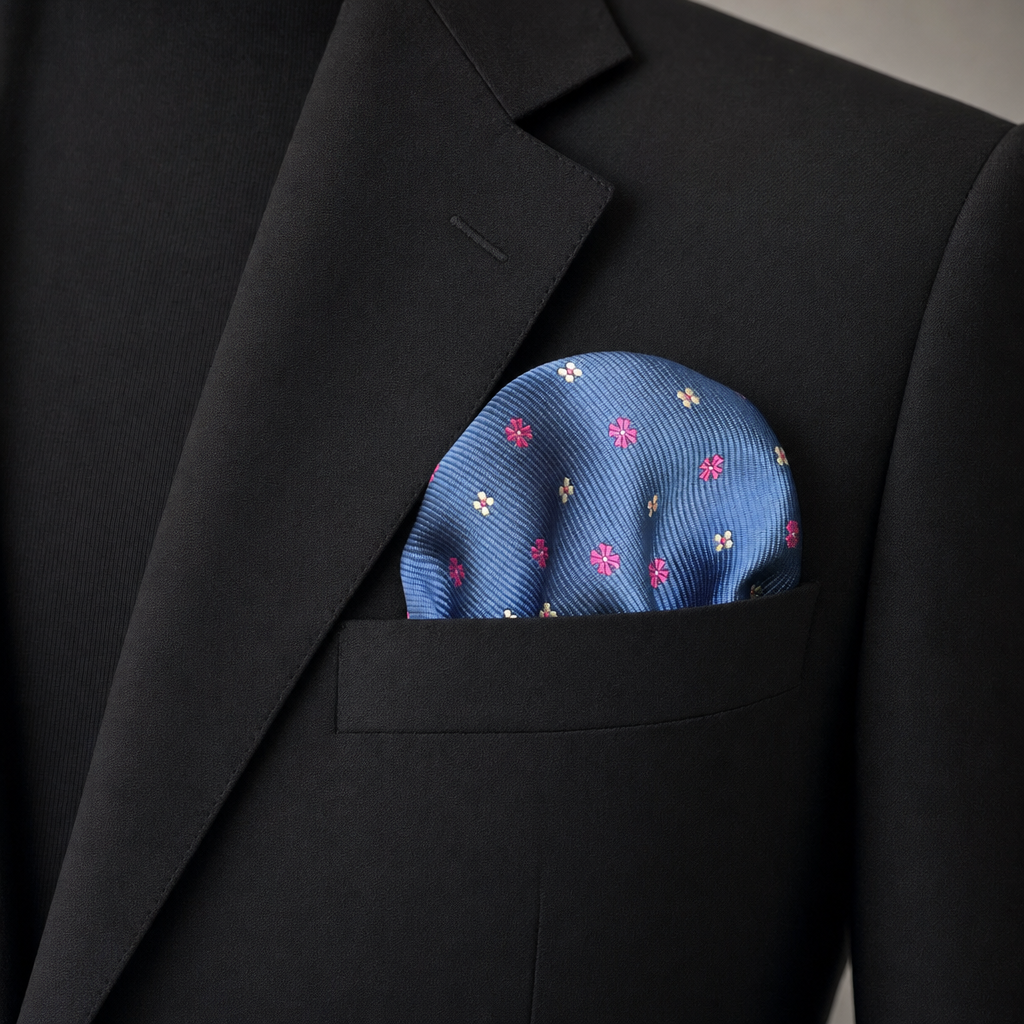Pañuelo de Bolsillo Floral Azul Celeste, llevado en el bolsillo de una chaqueta elegante