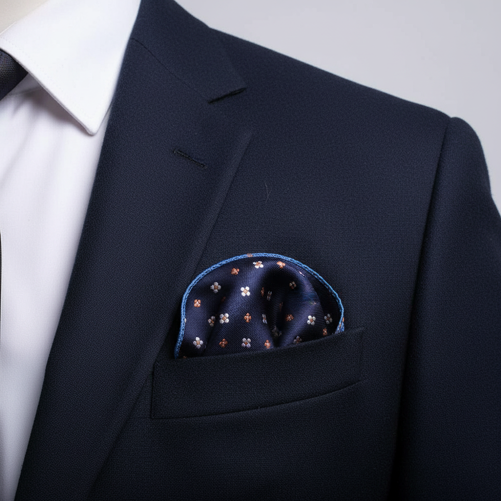 Pañuelo de Bolsillo Floral Azul con Flores Beige, llevado en el bolsillo de una chaqueta elegante