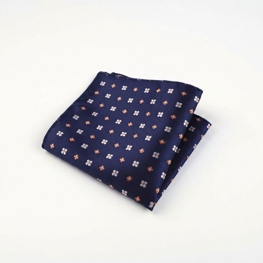 Pañuelo de Bolsillo Floral Azul con Flores Beige, presentado con luz suave y estilo cuidado