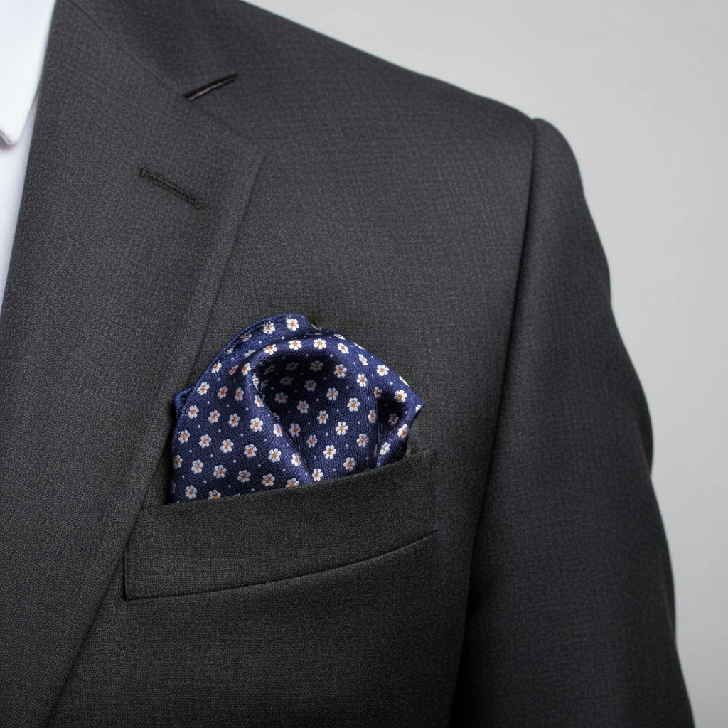 Pañuelo de Bolsillo Floral Azul con Margaritas, llevado en el bolsillo de una chaqueta elegante