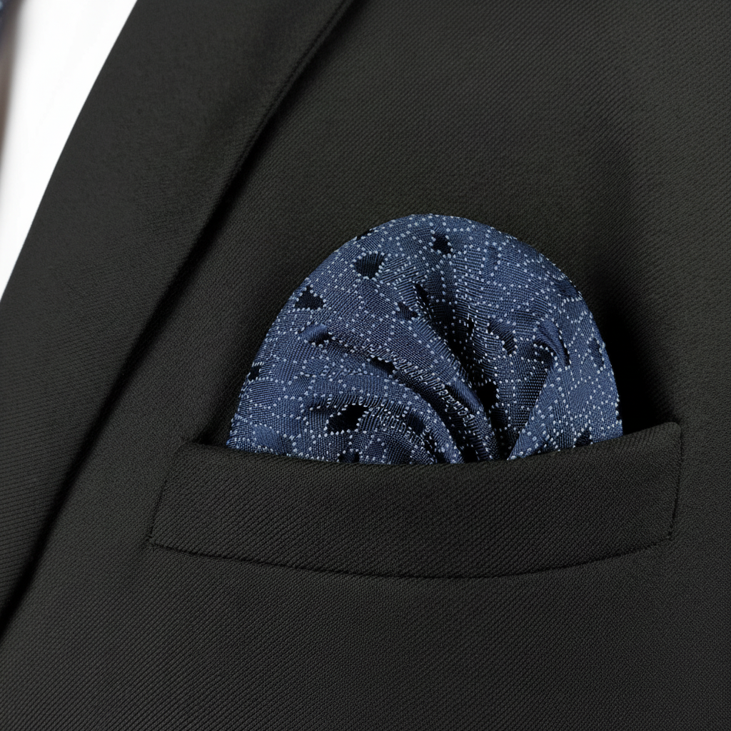 Pañuelo de Bolsillo Floral Azul Índigo, llevado en el bolsillo de una chaqueta elegante