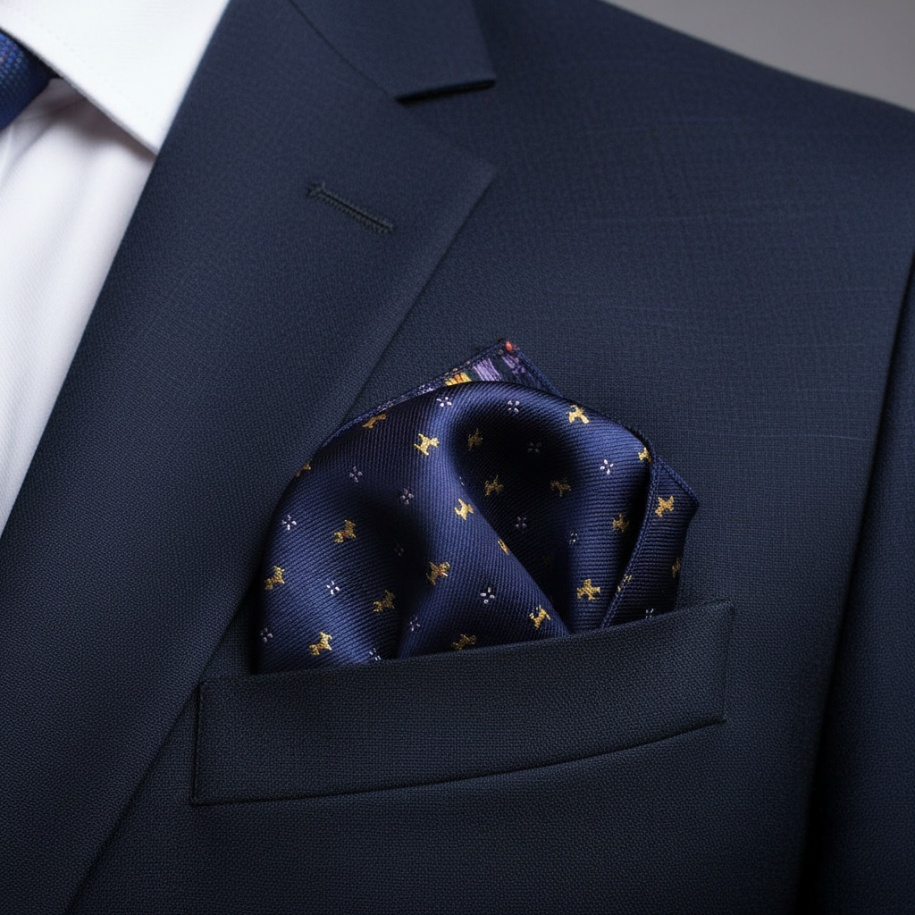 Pañuelo de Bolsillo Floral Azul y Amarillo, llevado en el bolsillo de una chaqueta elegante