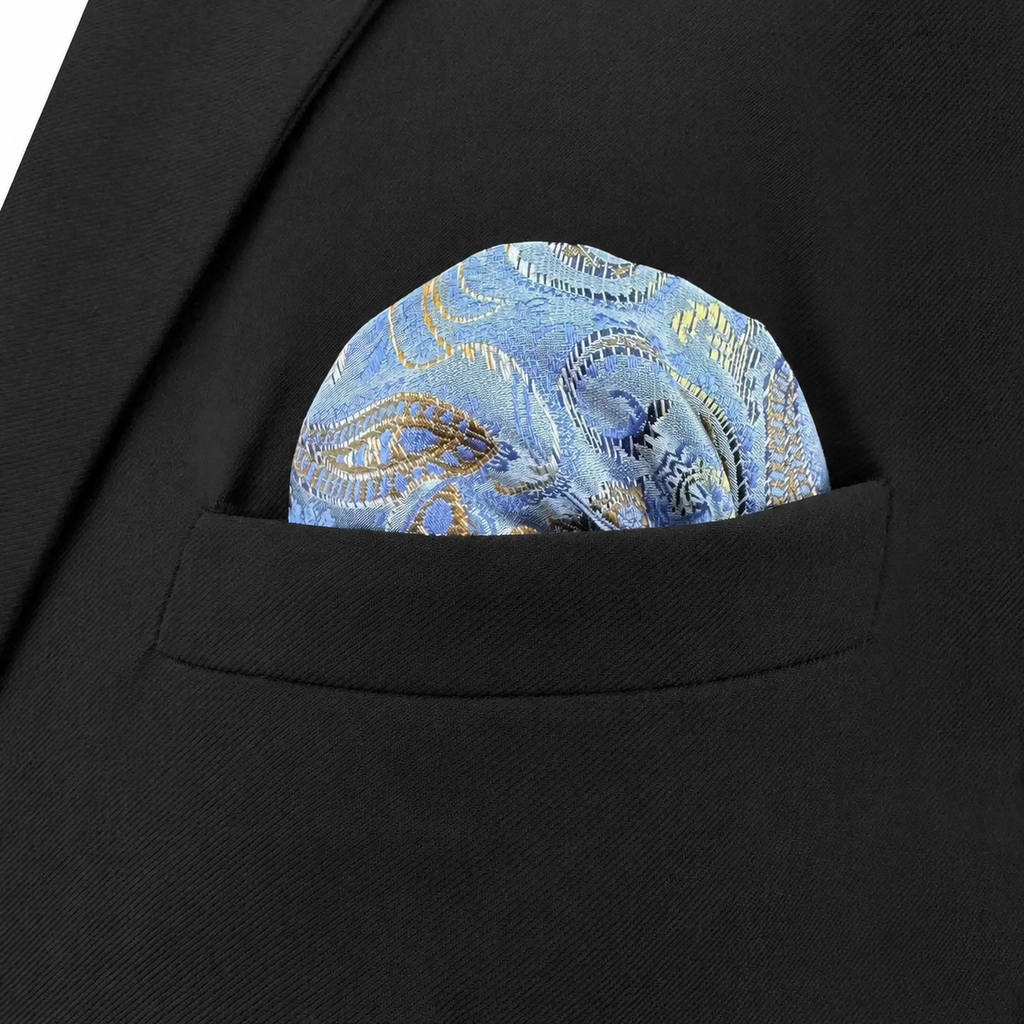 Pañuelo de Bolsillo Floral Blanco, llevado en el bolsillo de una chaqueta elegante