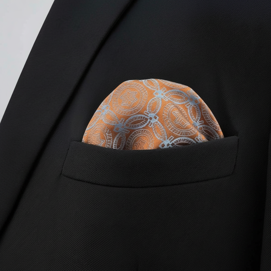 Pañuelo de Bolsillo Floral Naranja, llevado en el bolsillo de una chaqueta elegante