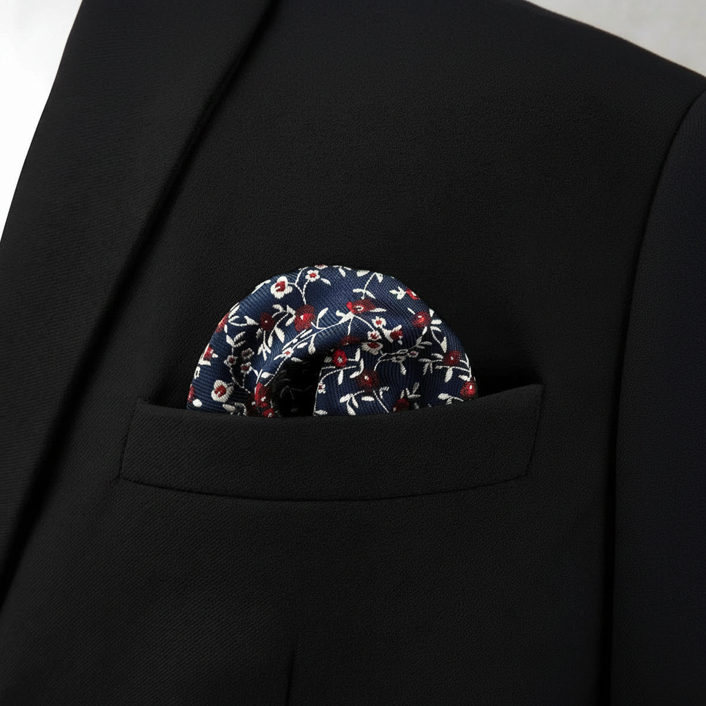 Pañuelo de Bolsillo Floral Negro, llevado en el bolsillo de una chaqueta elegante