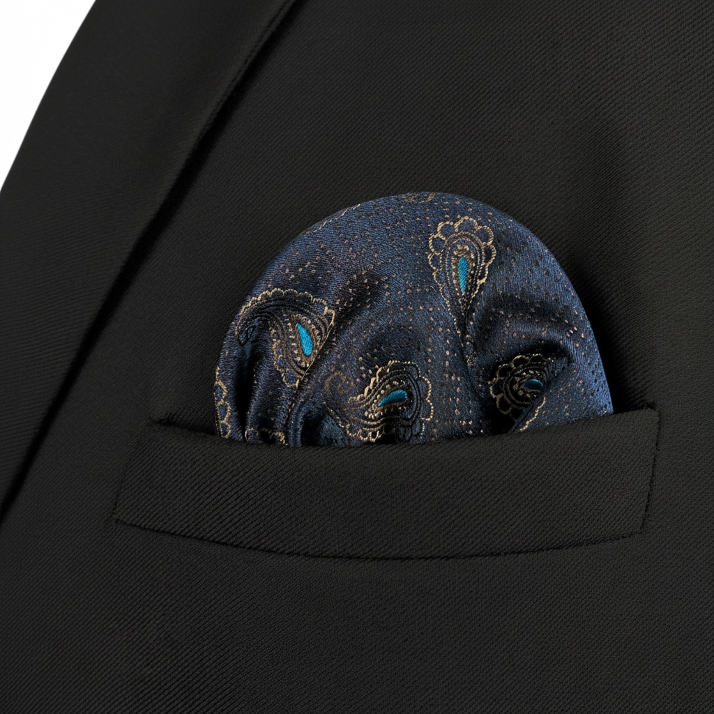 Pañuelo de Bolsillo Floral Negro, llevado en el bolsillo de una chaqueta elegante