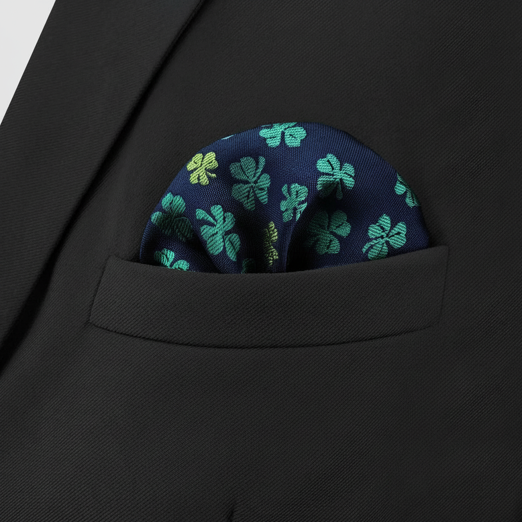 Pañuelo de Bolsillo Floral Verde, llevado en el bolsillo de una chaqueta elegante