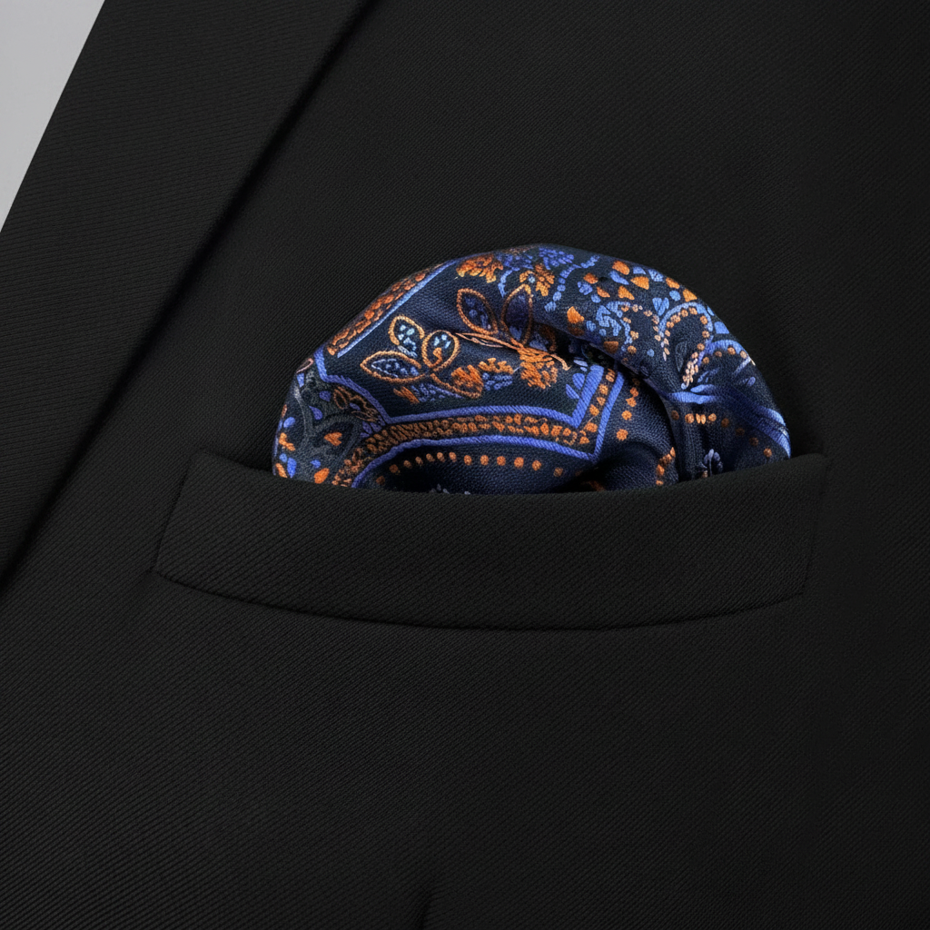 Pañuelo de Bolsillo Geométrico Azul, llevado en el bolsillo de una chaqueta elegante
