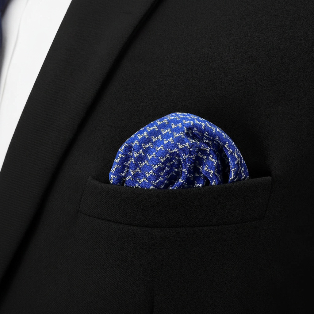 Pañuelo de Bolsillo Geométrico Azul, llevado en el bolsillo de una chaqueta elegante