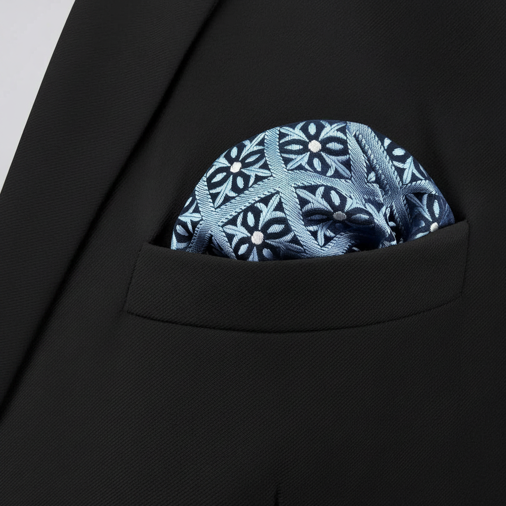 Pañuelo de Bolsillo Geométrico Azul y Blanco, llevado en el bolsillo de una chaqueta elegante