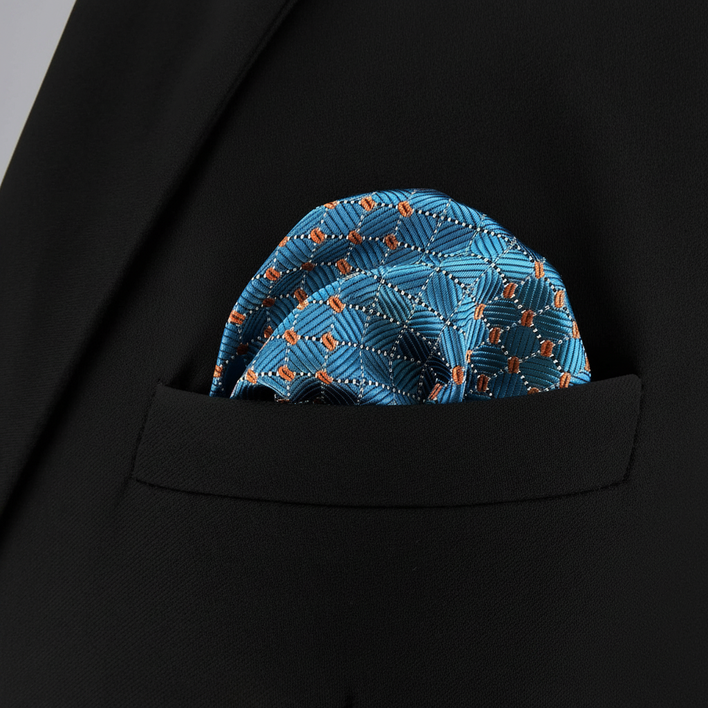 Pañuelo de Bolsillo Geométrico Azul y Naranja, llevado en el bolsillo de una chaqueta elegante