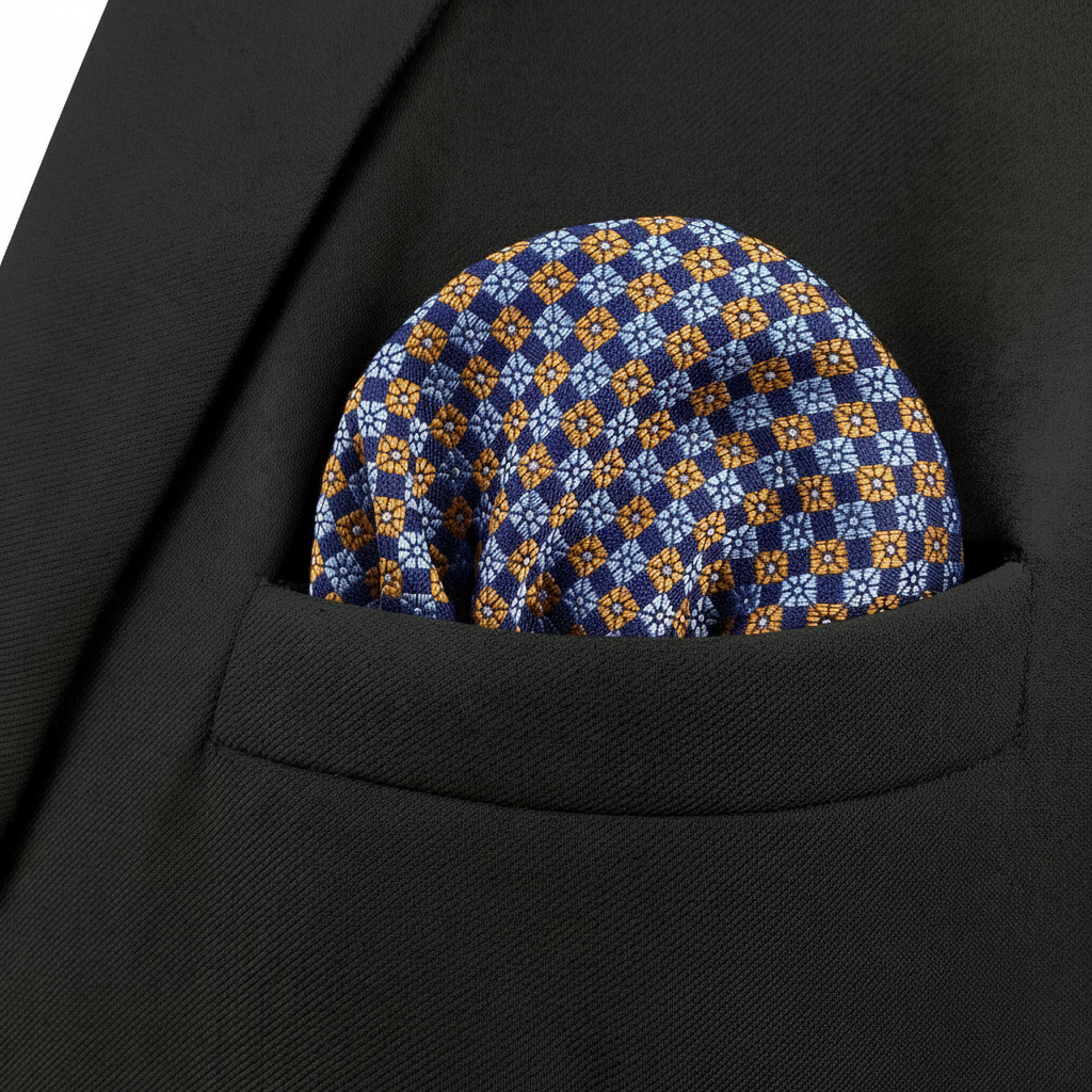 Pañuelo de Bolsillo Geométrico Dorado, llevado en el bolsillo de una chaqueta elegante
