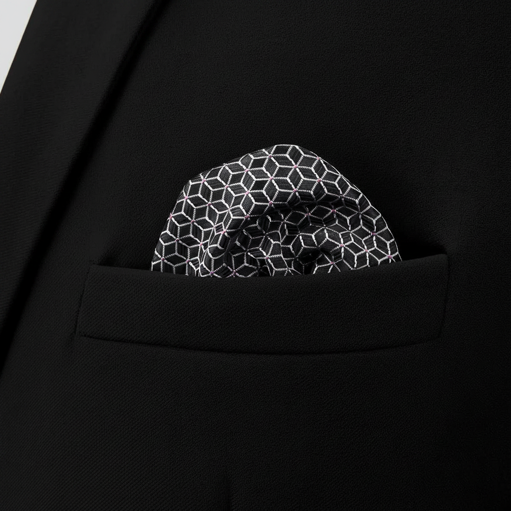Pañuelo de Bolsillo Geométrico Negro, llevado en el bolsillo de una chaqueta elegante