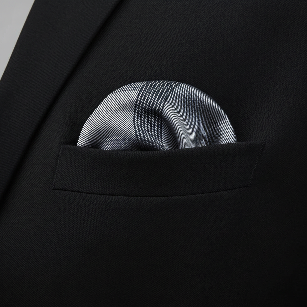 Pañuelo de Bolsillo Gris, llevado en el bolsillo de una chaqueta elegante con acabado cuidado