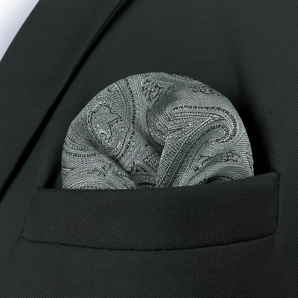 Pañuelo de Bolsillo Gris, llevado en el bolsillo de una chaqueta elegante con acabado cuidado